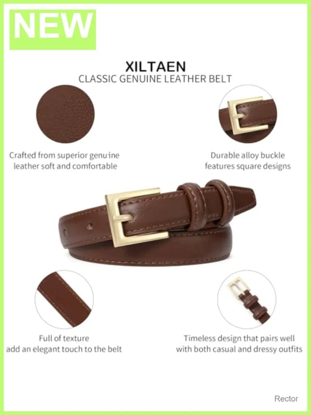 Genuine Leather Vintage Thin Belt Gold Buckle Waist Dress Belts for Women